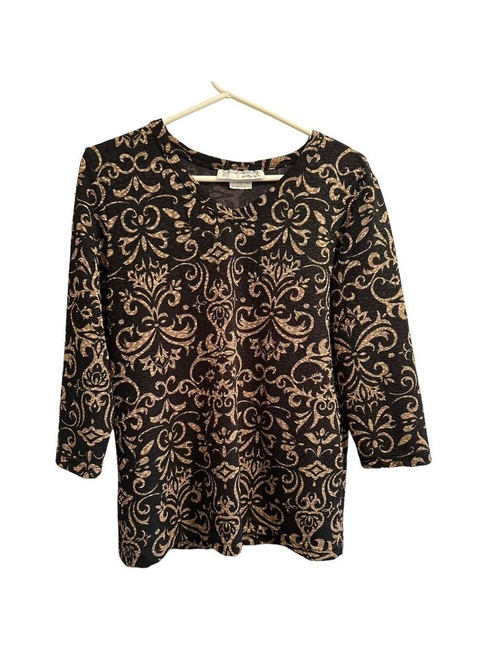 Sarah Bentley Chic Blouse Womens Medium Black & Gold 3/4 Sleeves Eye-Catching